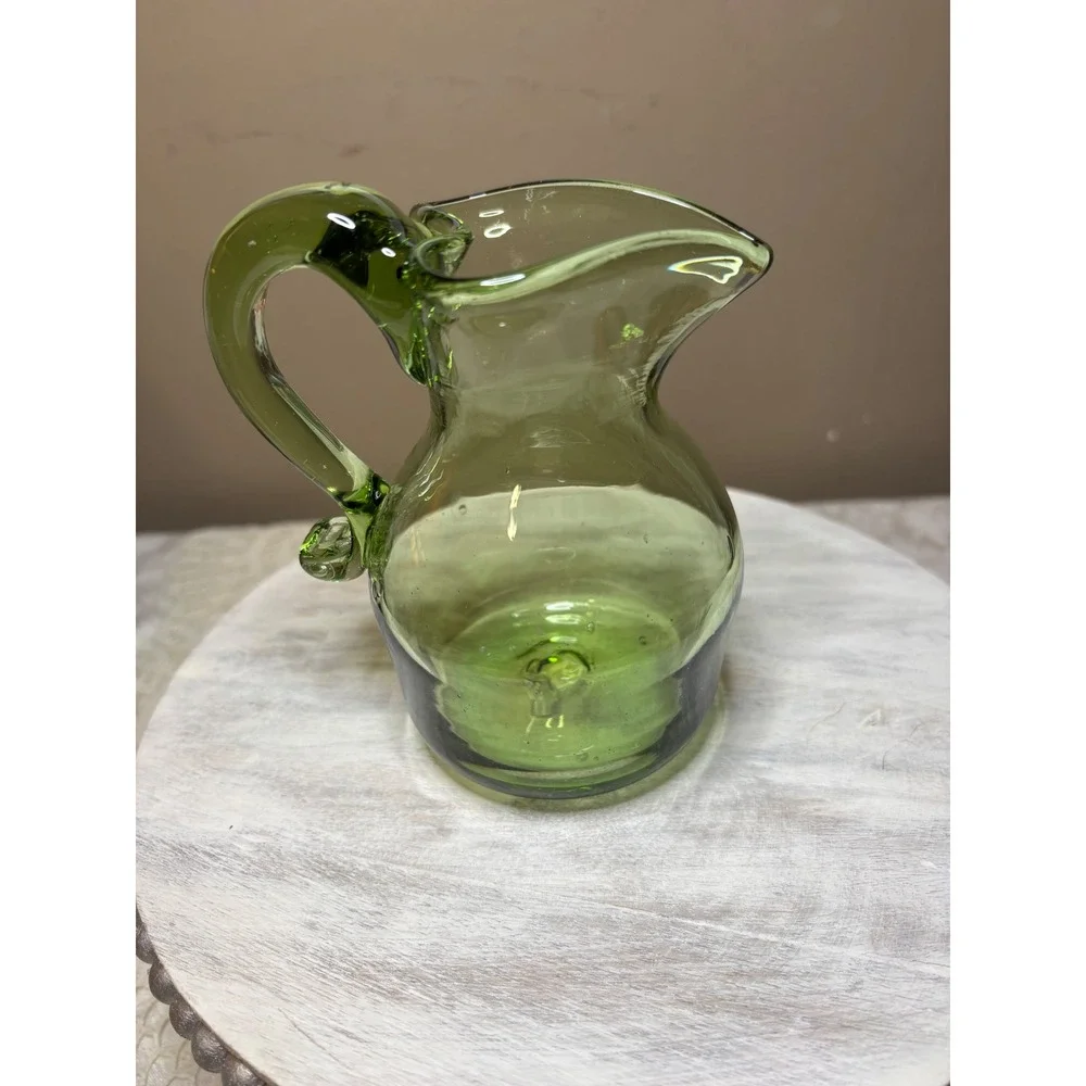 Vintage Hand Blown Green Glass Mini Pitcher Applied Handle Seed Bubbles Creamer